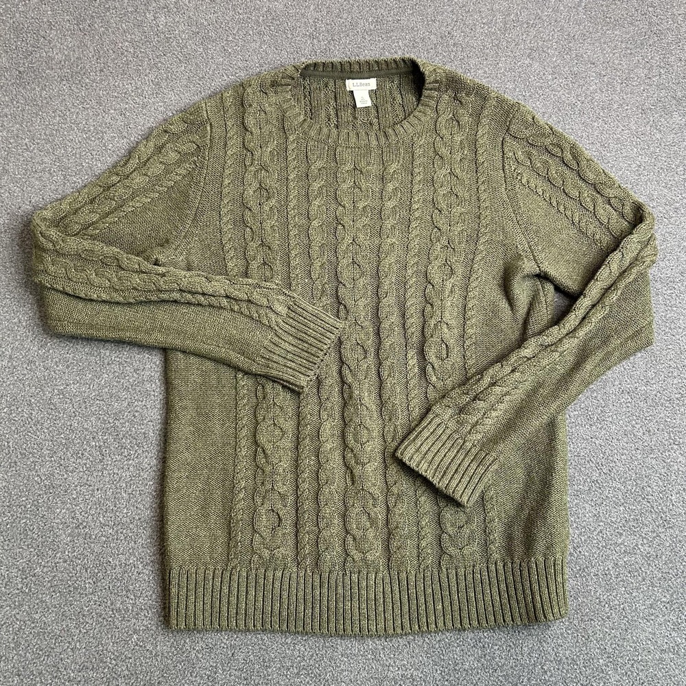 L.L.Bean Sweater Mens Small Green 100% Cotton Cable Knit Crewneck Pullover